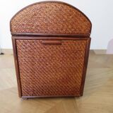 Vintage storage chest - curved - woven rattan - 1970s - mahogany colour