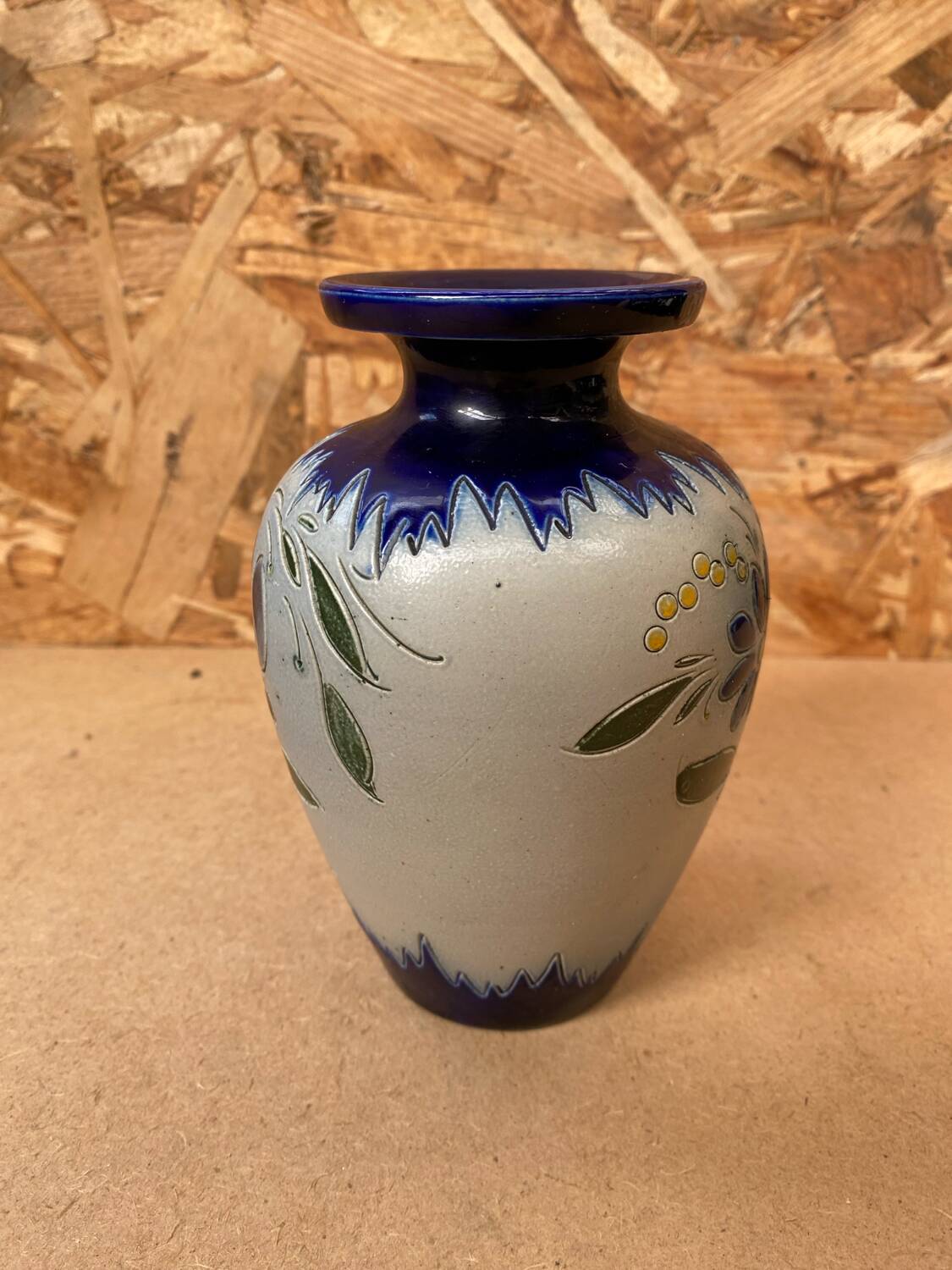 Ancien vase soliflore betschdorf schmitter grès bleu décor fleurs vintage #b647