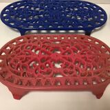 Set of four enameled cast iron trivets retro design vintage art