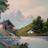 Oil painting on faesite from the 50s signed roos mountain landscape