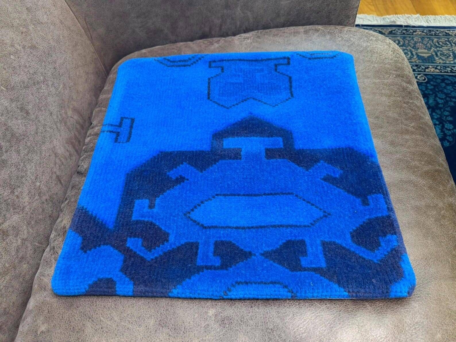 Blue Tribal Totem Rug Pillow, 16x16 Anatolian Wool Cushion