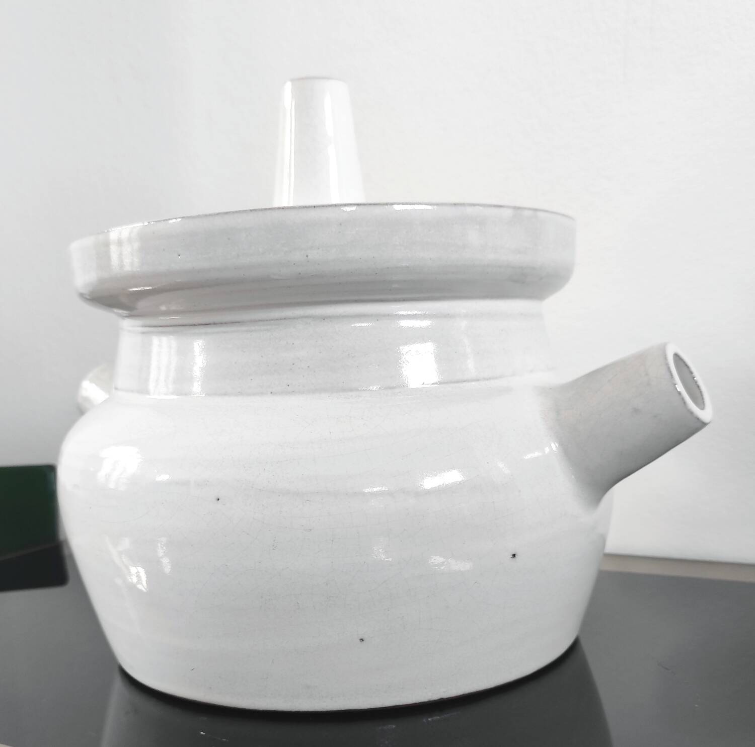 Vintage White Glazed Stoneware Steamer / Tea Infuser – Signed Louveau