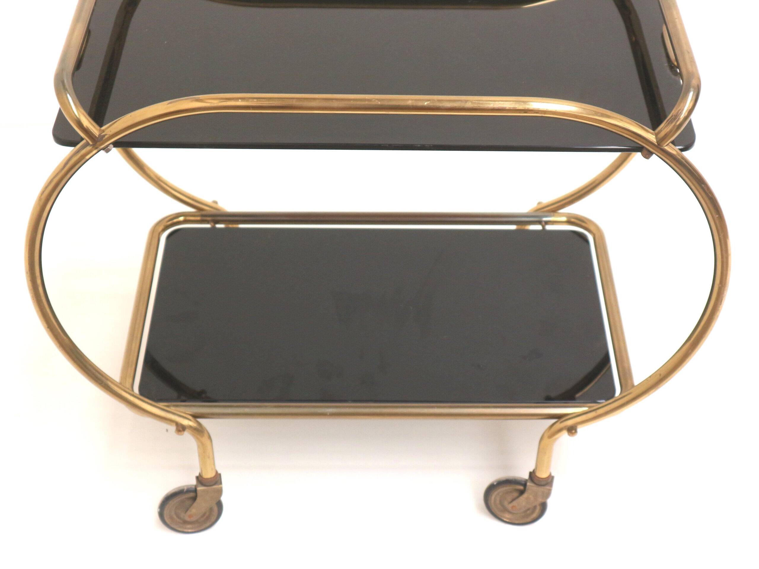 Brass and black glass bar cart / serving cart / side table by Grünstadt