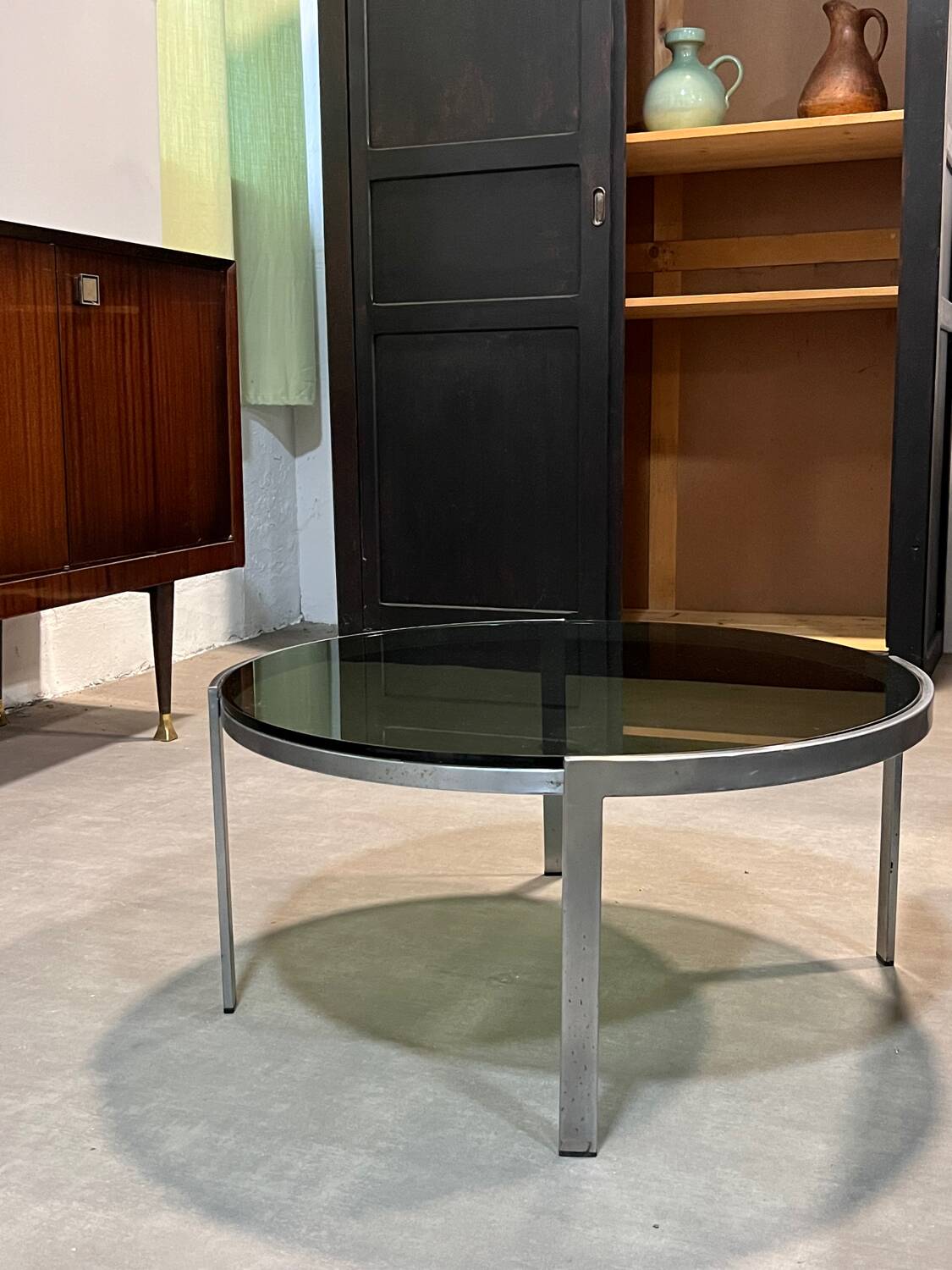 70s design round coffee table, metal and smoked glass