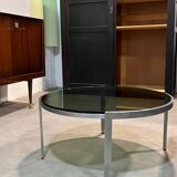 70s design round coffee table, metal and smoked glass