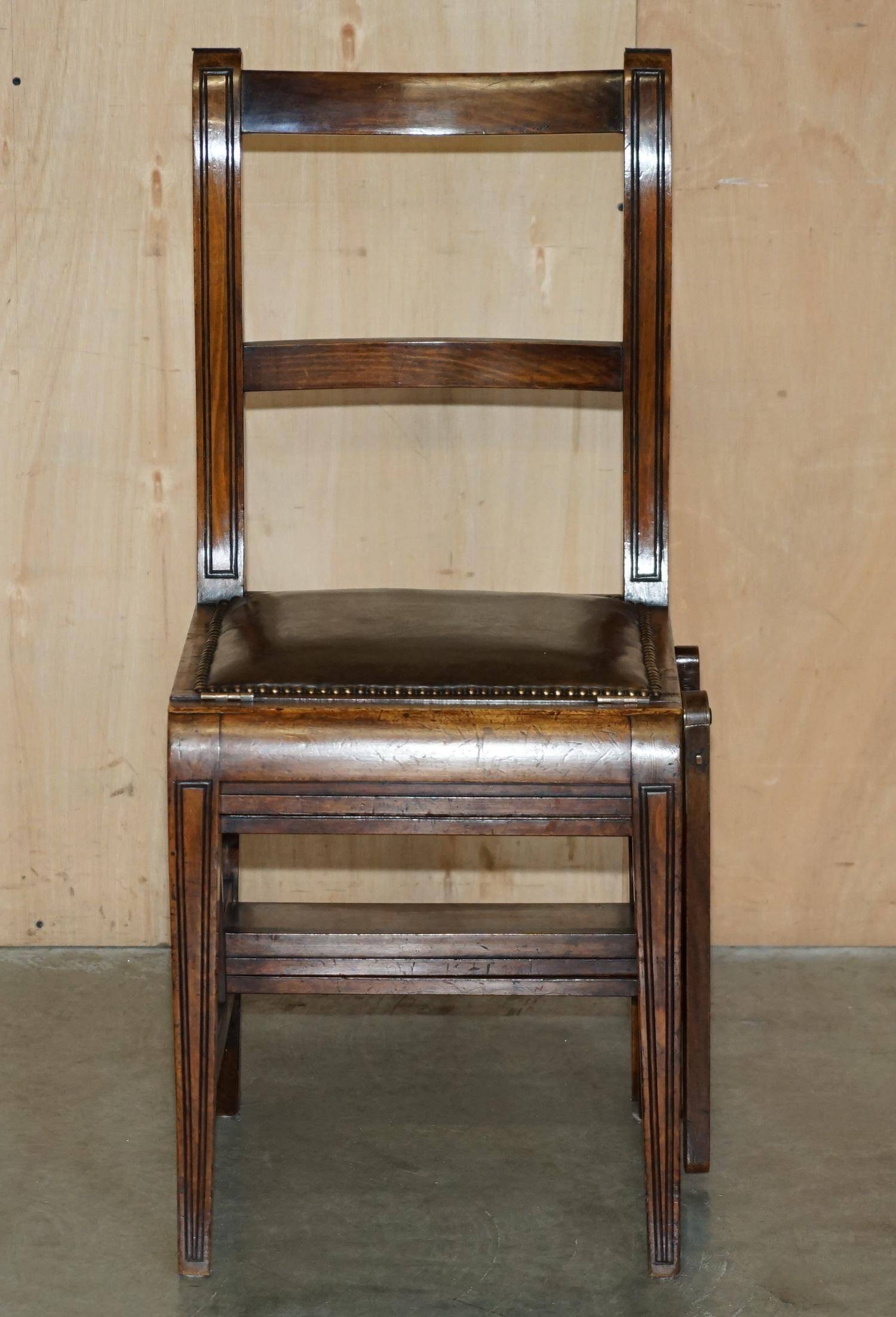 Victorian library chair, convertible, hardwood, leather, brass, circa 1880.