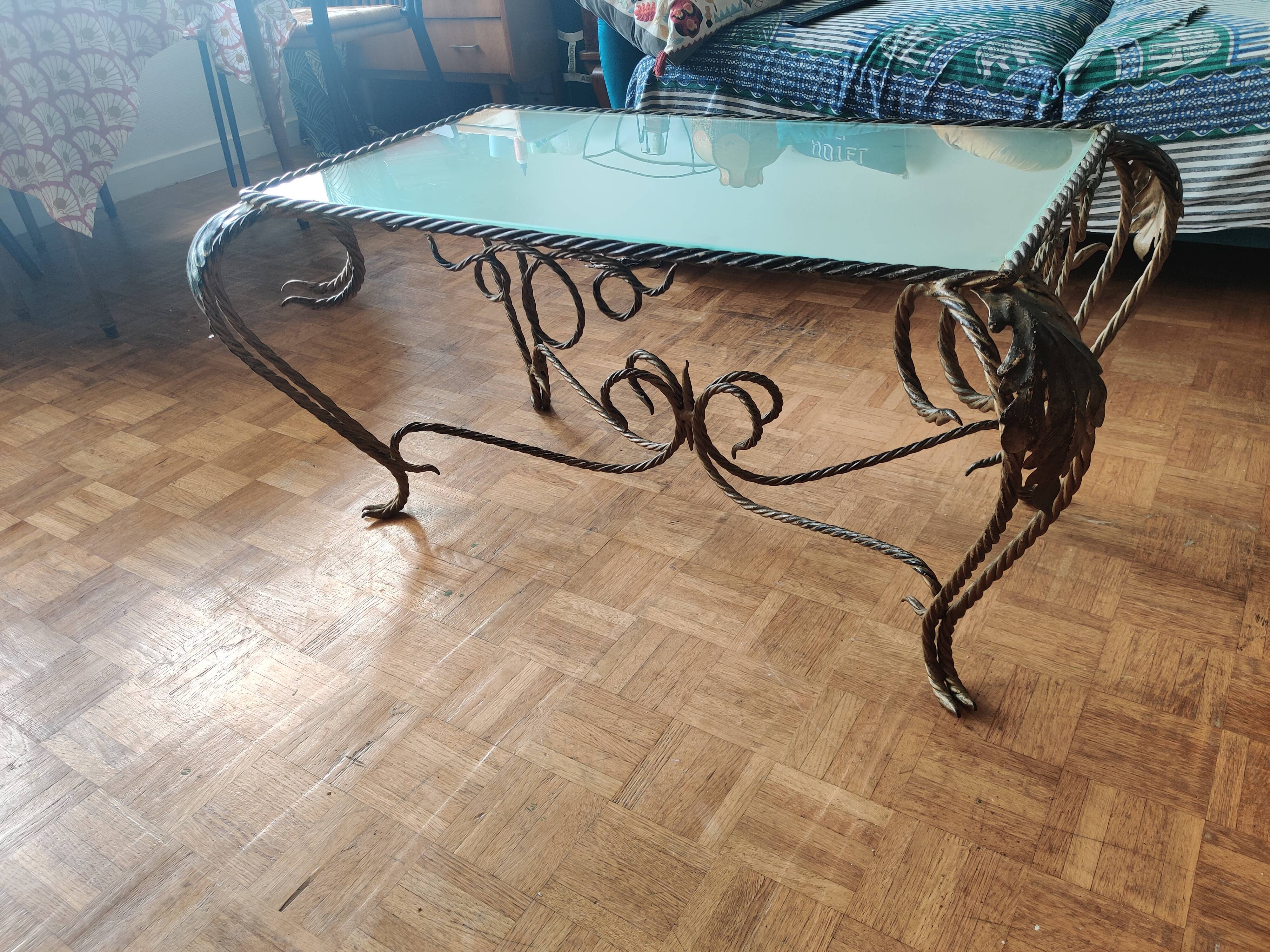 Vintage rectangular coffee table in turned wrought iron, golden patina