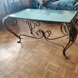 Vintage rectangular coffee table in turned wrought iron, bronze patina