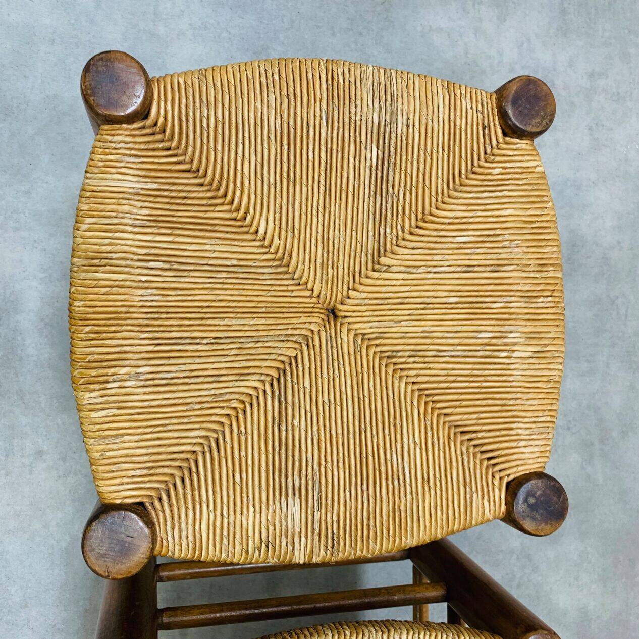 Pair of straw and wood stools, 1960s, neo-rustic style.