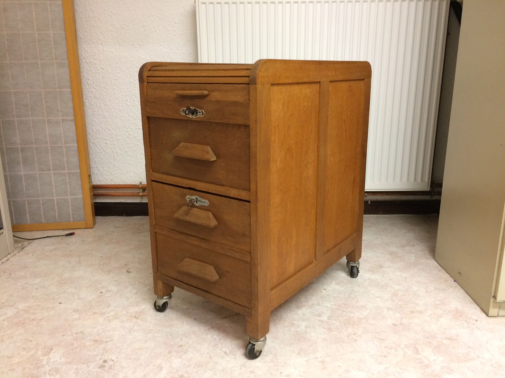 Old curtain oak wheeled box 1950