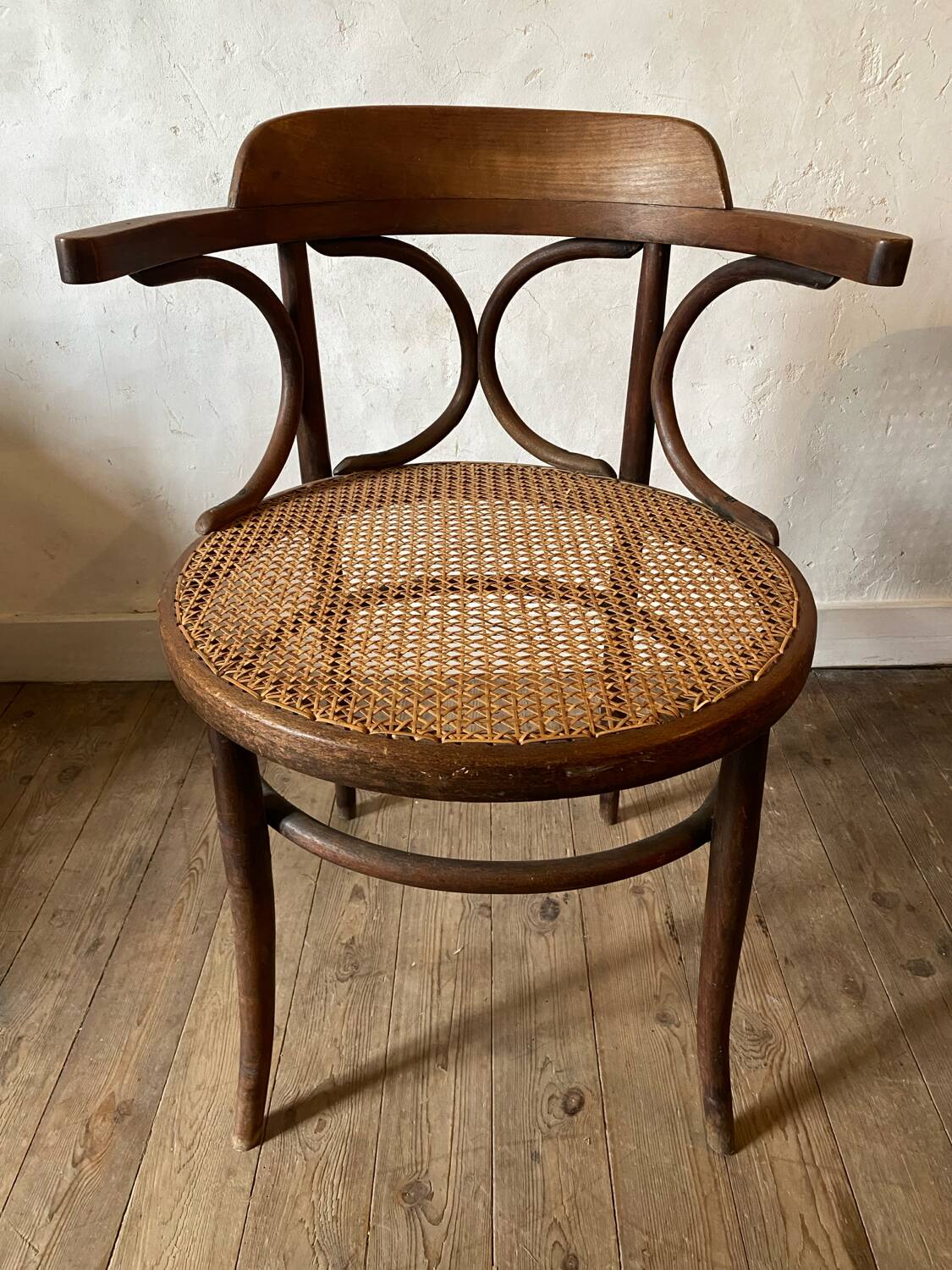Cane and curved wood armchair