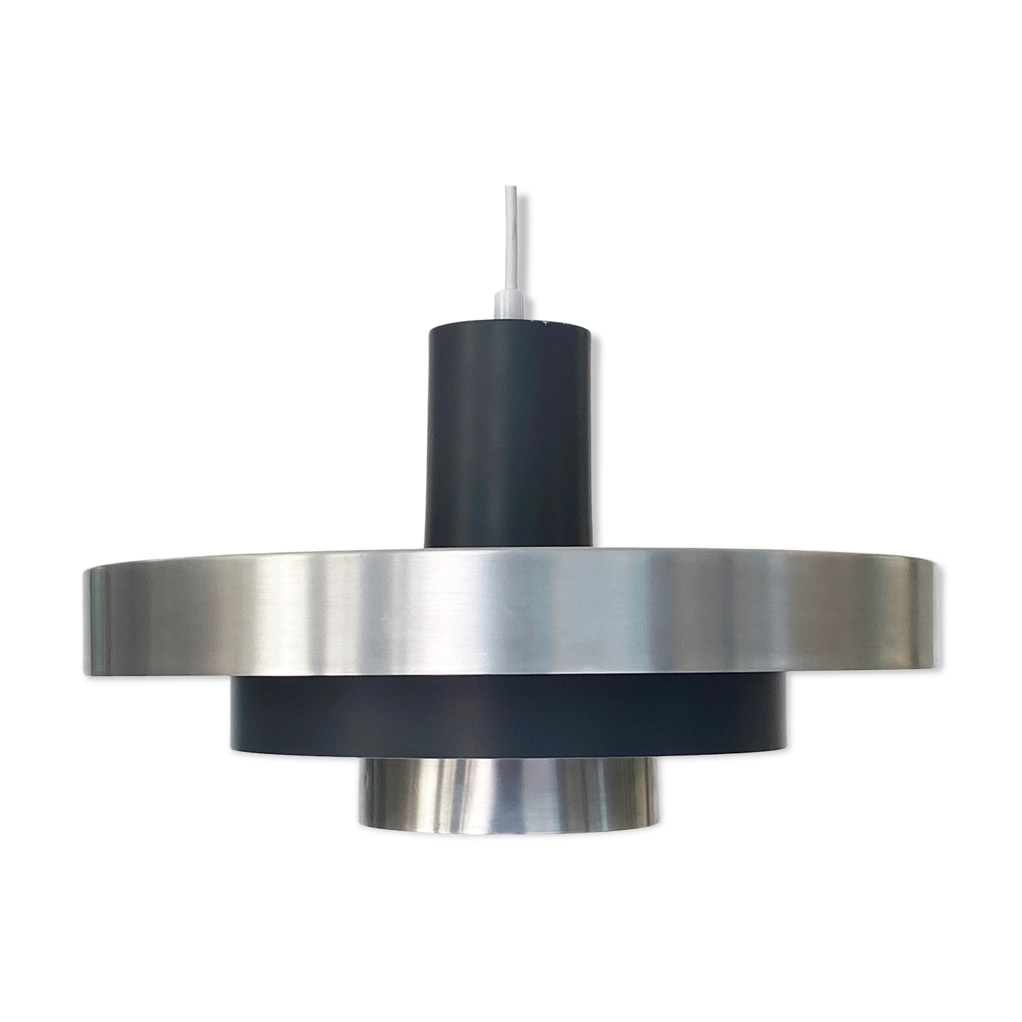 Layered pendant light in brushed aluminum. Denmark 1960s