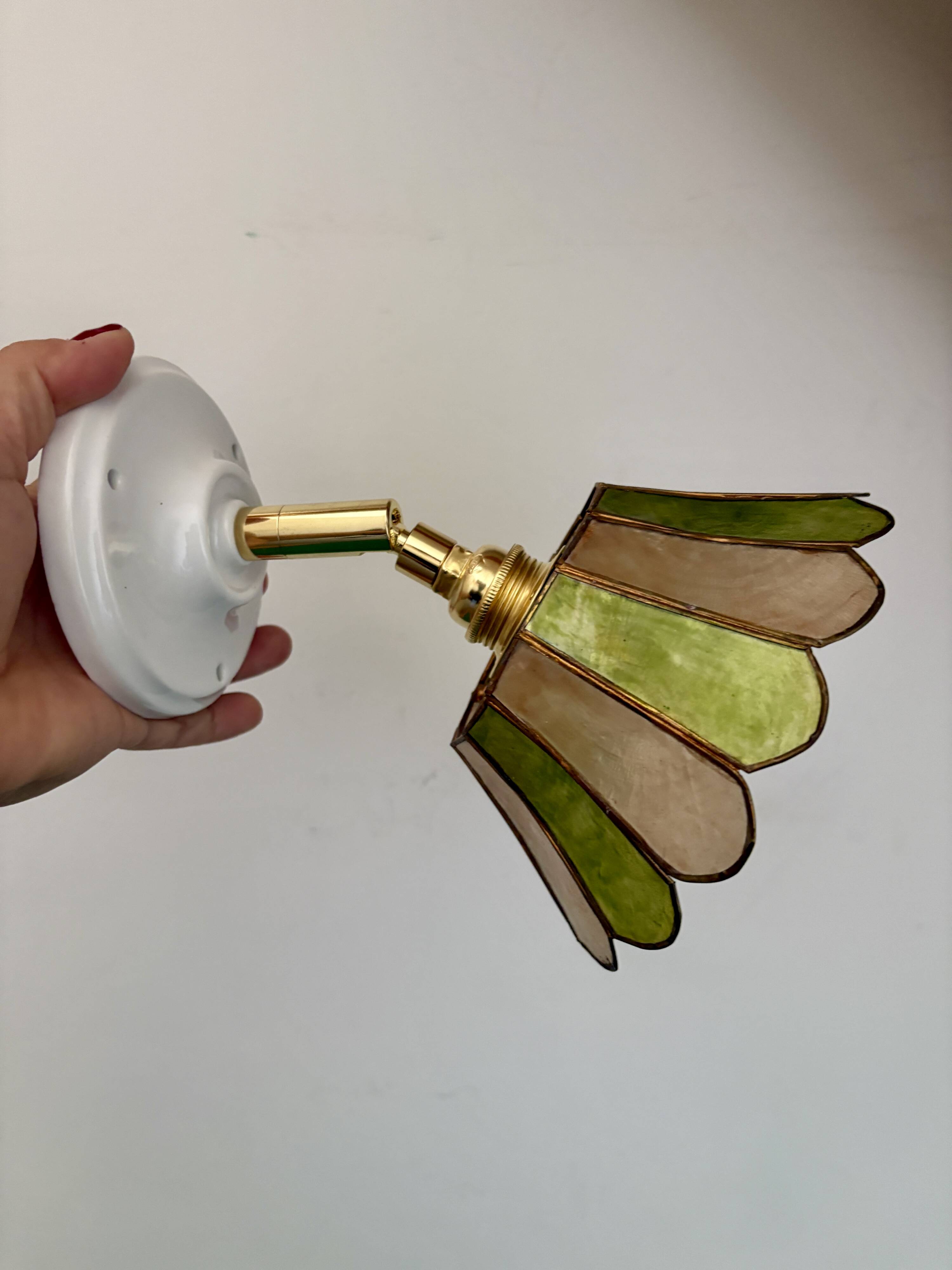 Vintage wall lamp with a green and pink mother-of-pearl lampshade