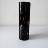 Black opaque glass vase with minimalist style copper inlays