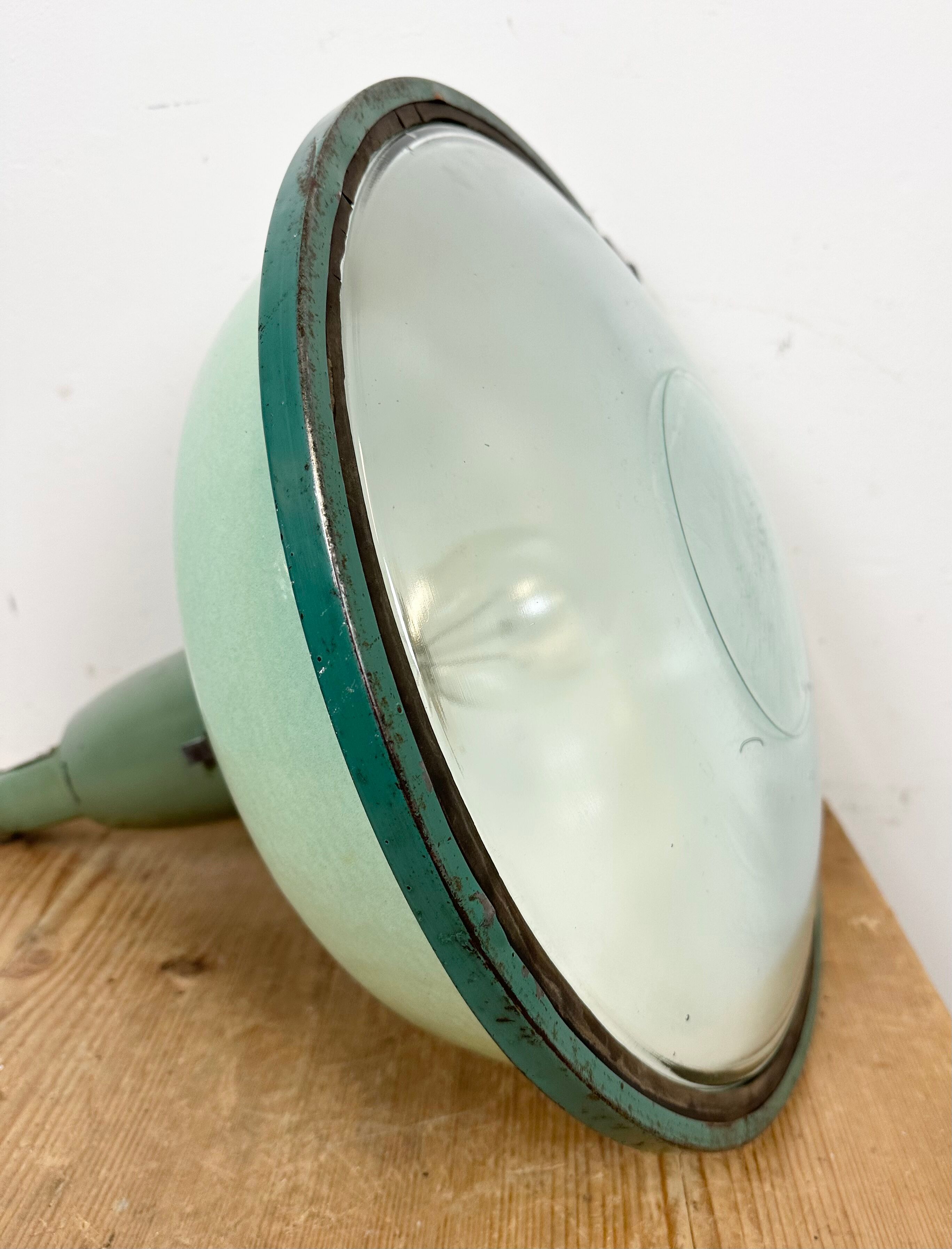 Industrial soviet green enamel pendant light with glass cover, 1960s