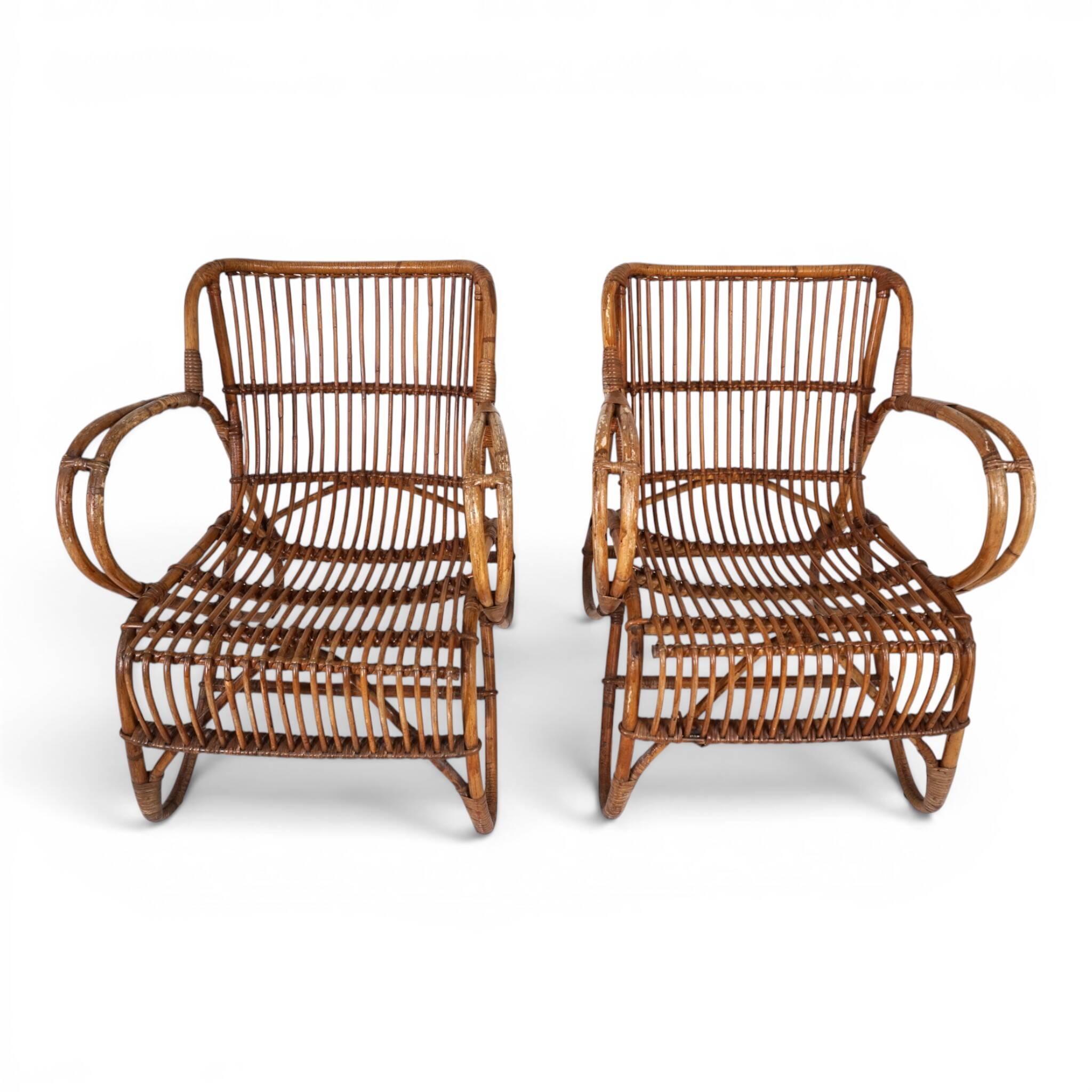 French Pair Vintage Rattan Bamboo Lounge Chairs, 1960