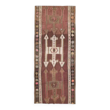 Vintage Turkish Oushak handmade wool cotton brown runner rug 168x395