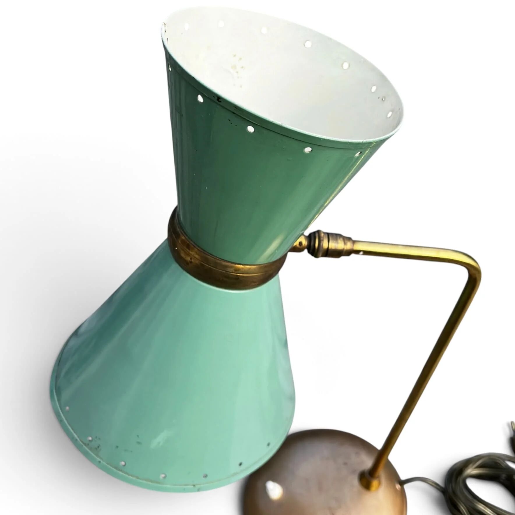 Vintage 1950s Diabolo desk lamp – celadon green & brass