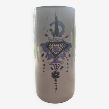 High cylindrical ceramic vase signed with ethnic decoration
