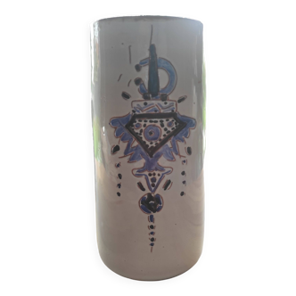 High cylindrical ceramic vase signed with ethnic decoration