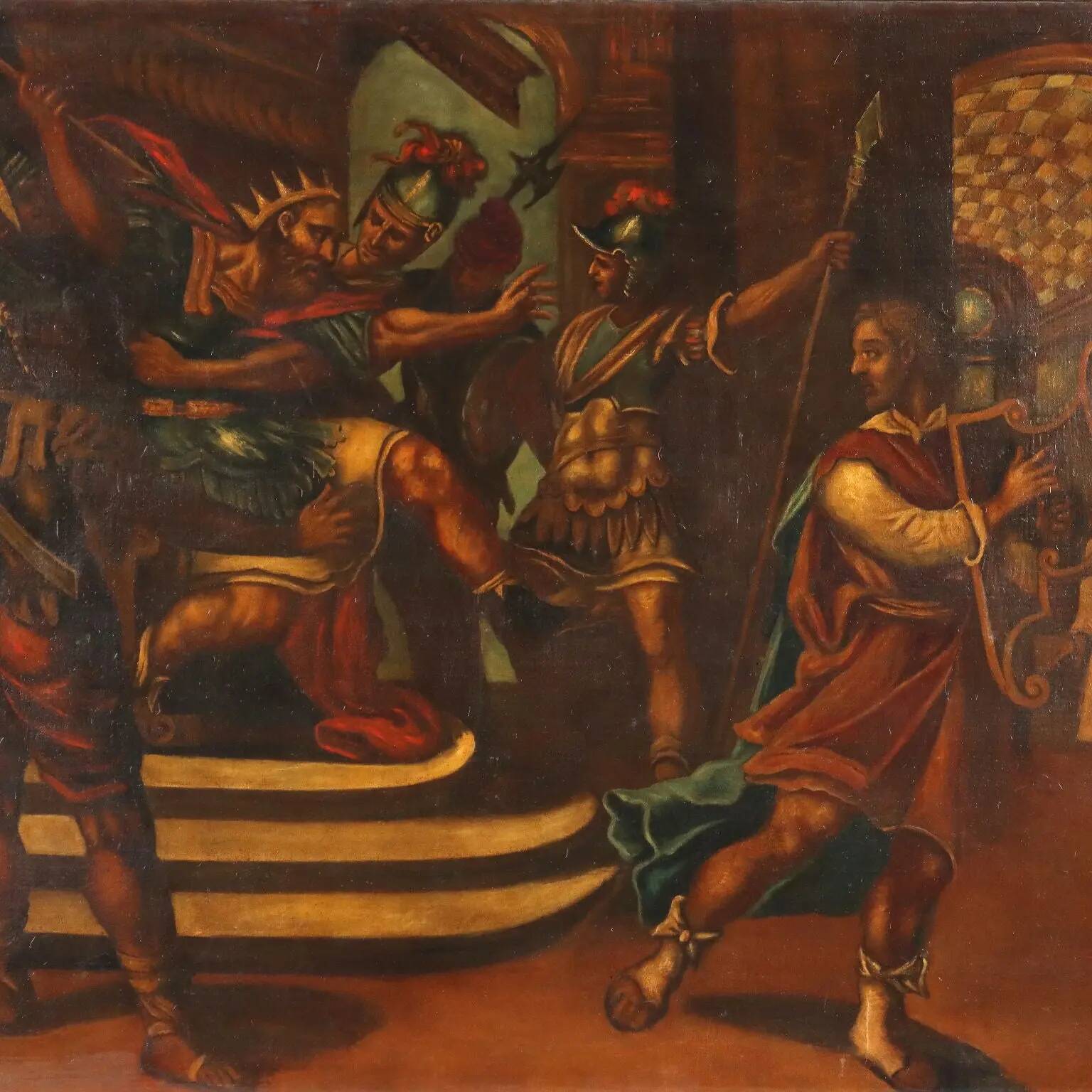 Peinture ancienne à sujet religieux, huile sur toile, XVIIe siècle