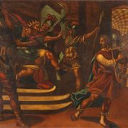 Ancient painting with a religious subject, oil on canvas, 17th century.