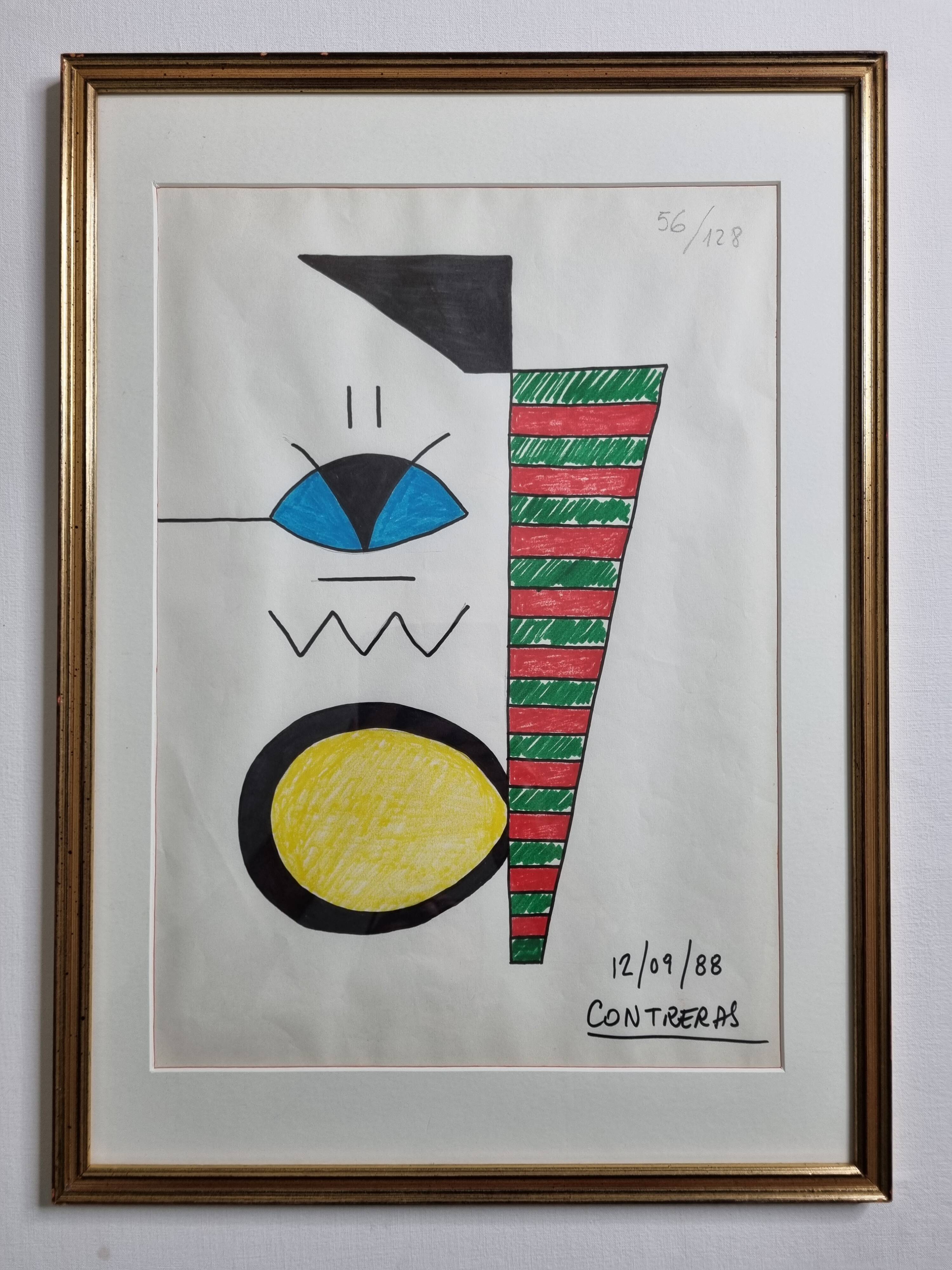 Abstract composition, original drawing signed Contreras, 1980s, 32 x 42 cm framed under glass