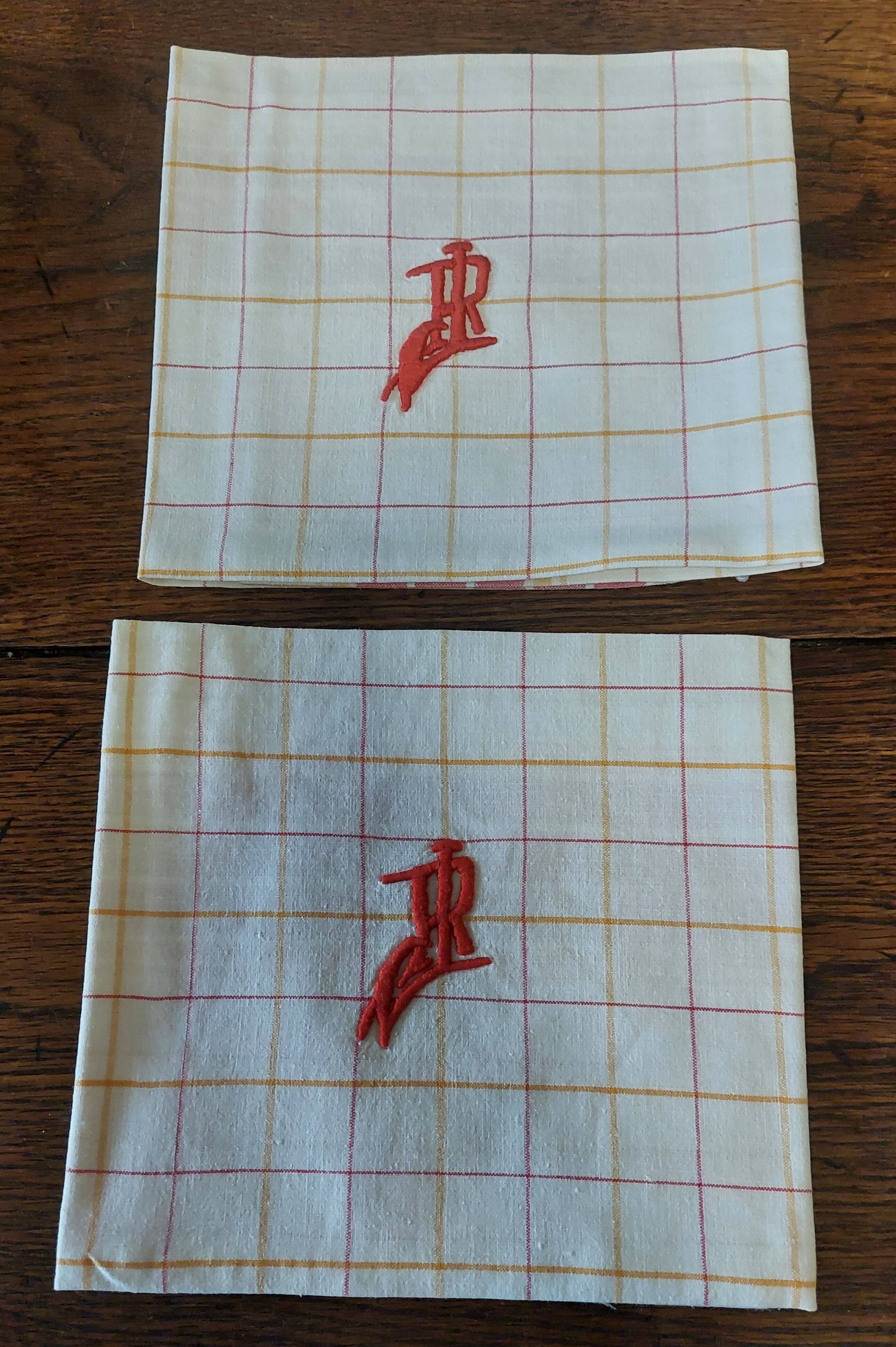 Napkins set of two checkered cotton monogram LR 53 X 57 cm