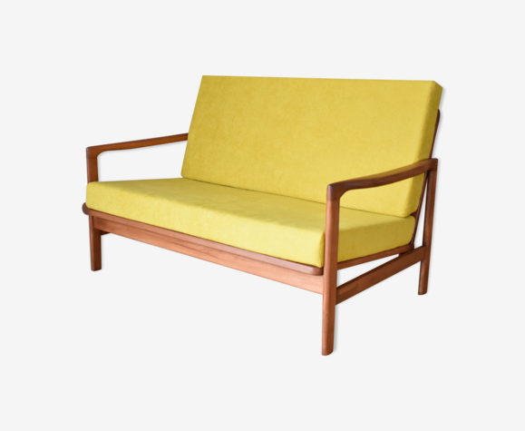 Canapé deux places jaune restauré, scandinave, années 1960