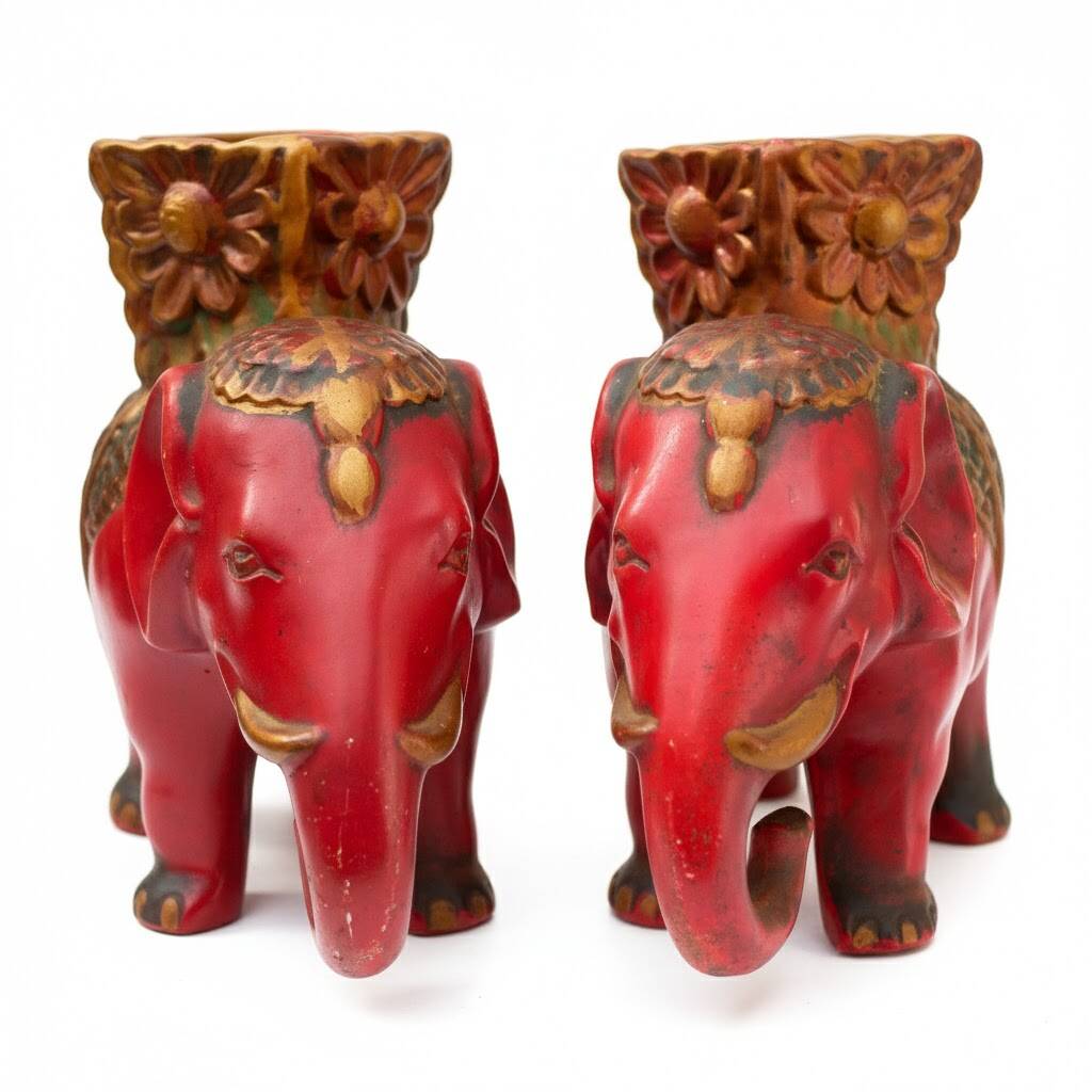 A pair of red and gold ceramic vases in the shape of elephants, 1940s.