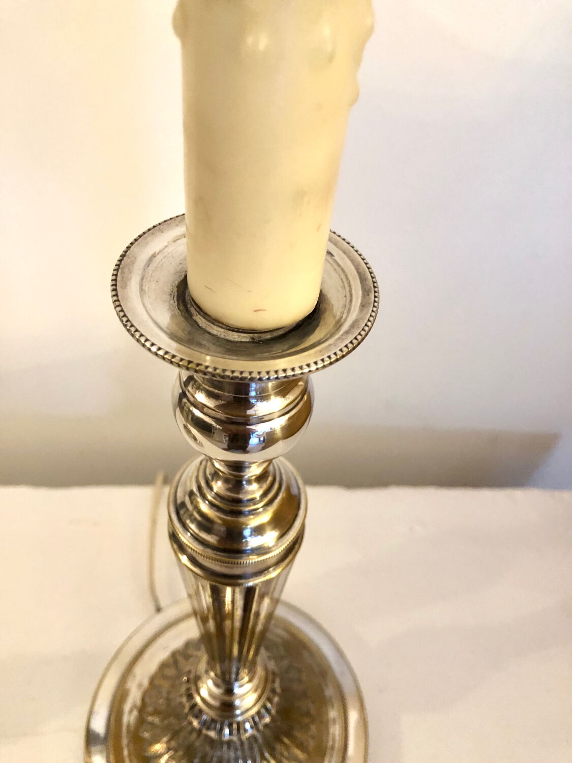 Pair of silver metal candle holder lamp bases