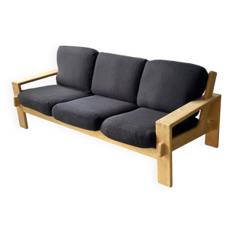 Bonanza vintage 3 seater sofa in solid oak wood and fabric 190cm