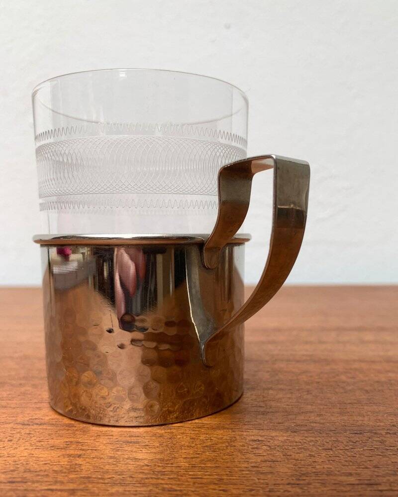 Vintage tea glasses RDA from East Germany by MUQ, Metallwarenfabrik Union Quedlinburg, set of 4.