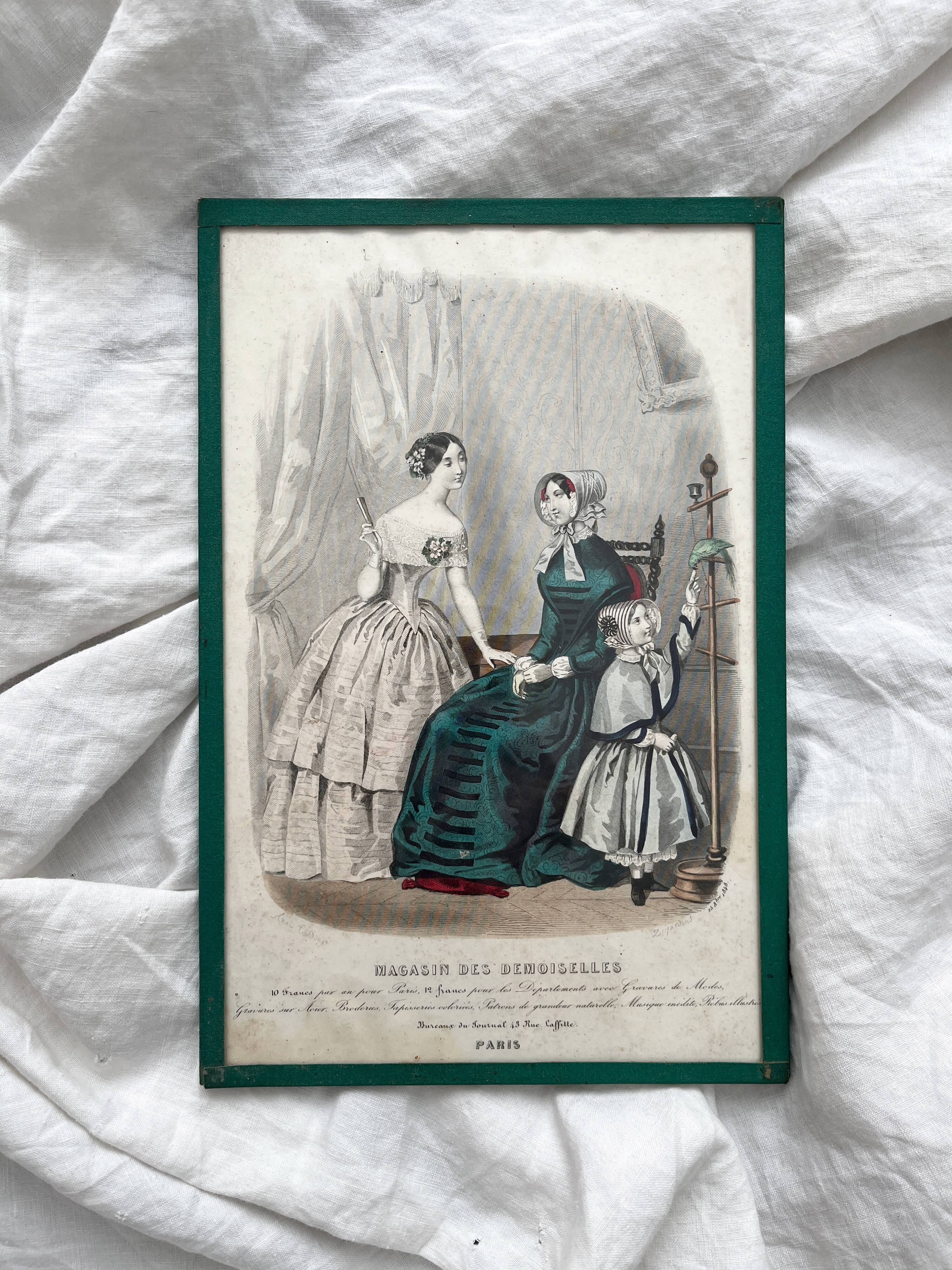 2 lithographs, antique fashion illustrations, under glass, 19th century