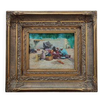 Orientalist painting on wood with superb wood and stucco framing.