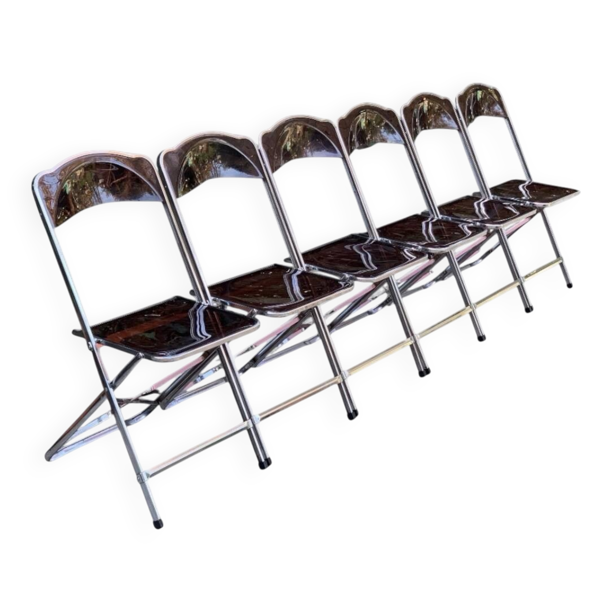 6 chaises pliantes en Plexiglas fumé et métal chrome Chaisor 1970