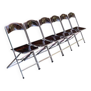 6 folding chairs in smoked Plexiglas and chrome metal, Chaisor 1970