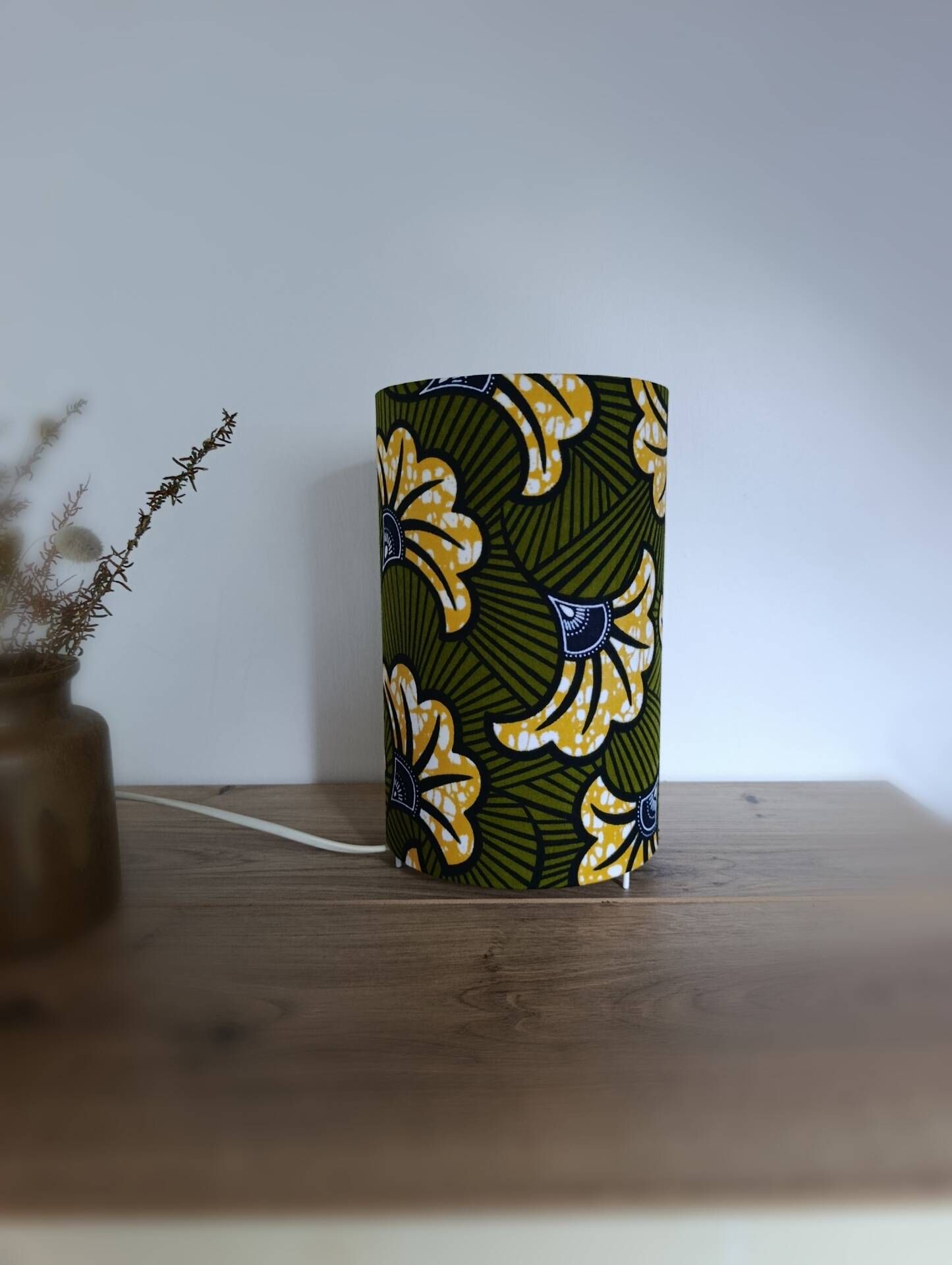 Olive green/yellow ethnic printed flower wax tube lamp