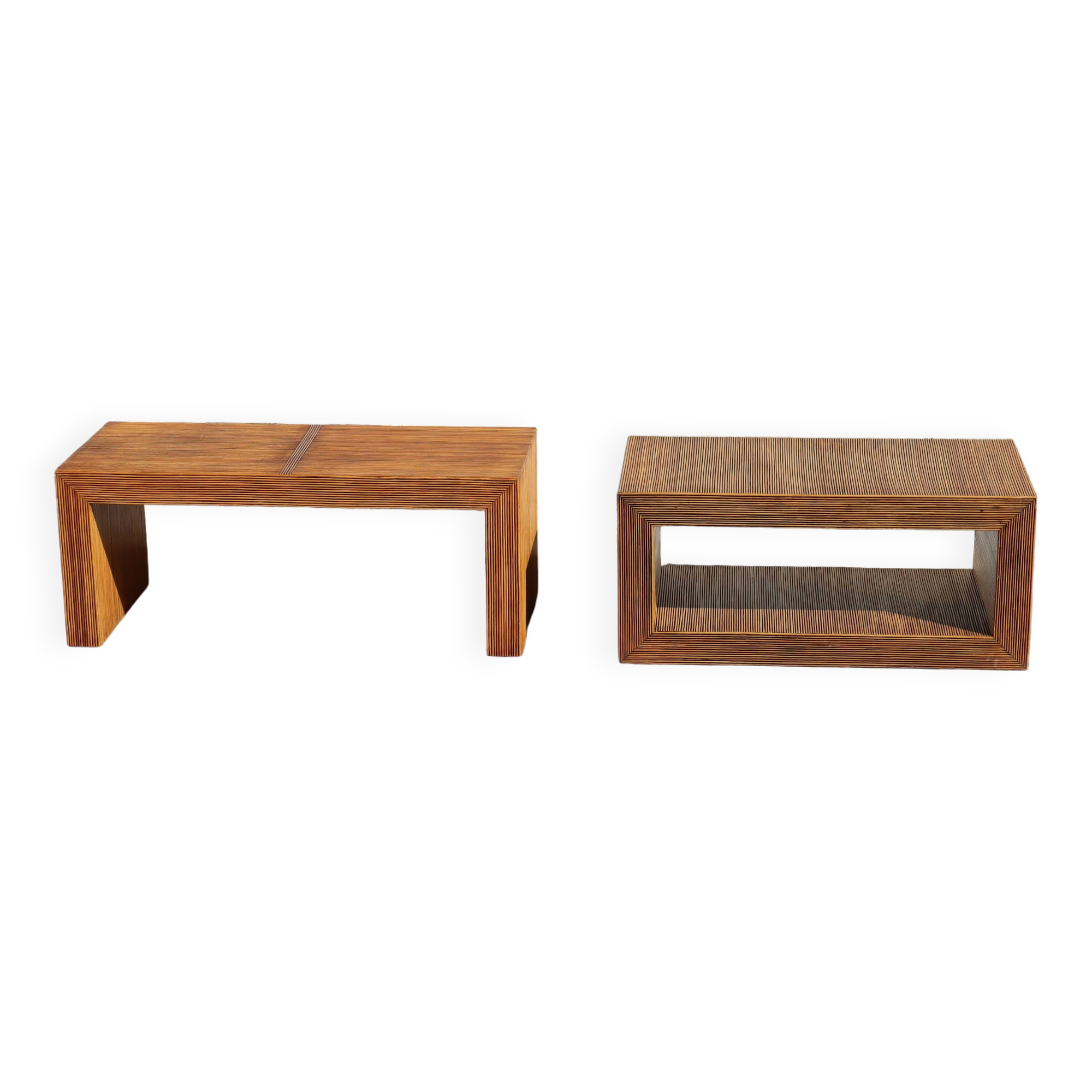 Set French Vintage Rattan Coffee Tables-2 Cuboid Deck Tables-80s