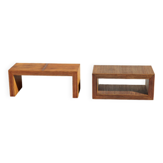 Set French Vintage Rattan Coffee Tables-2 Cuboid Deck Tables-80s
