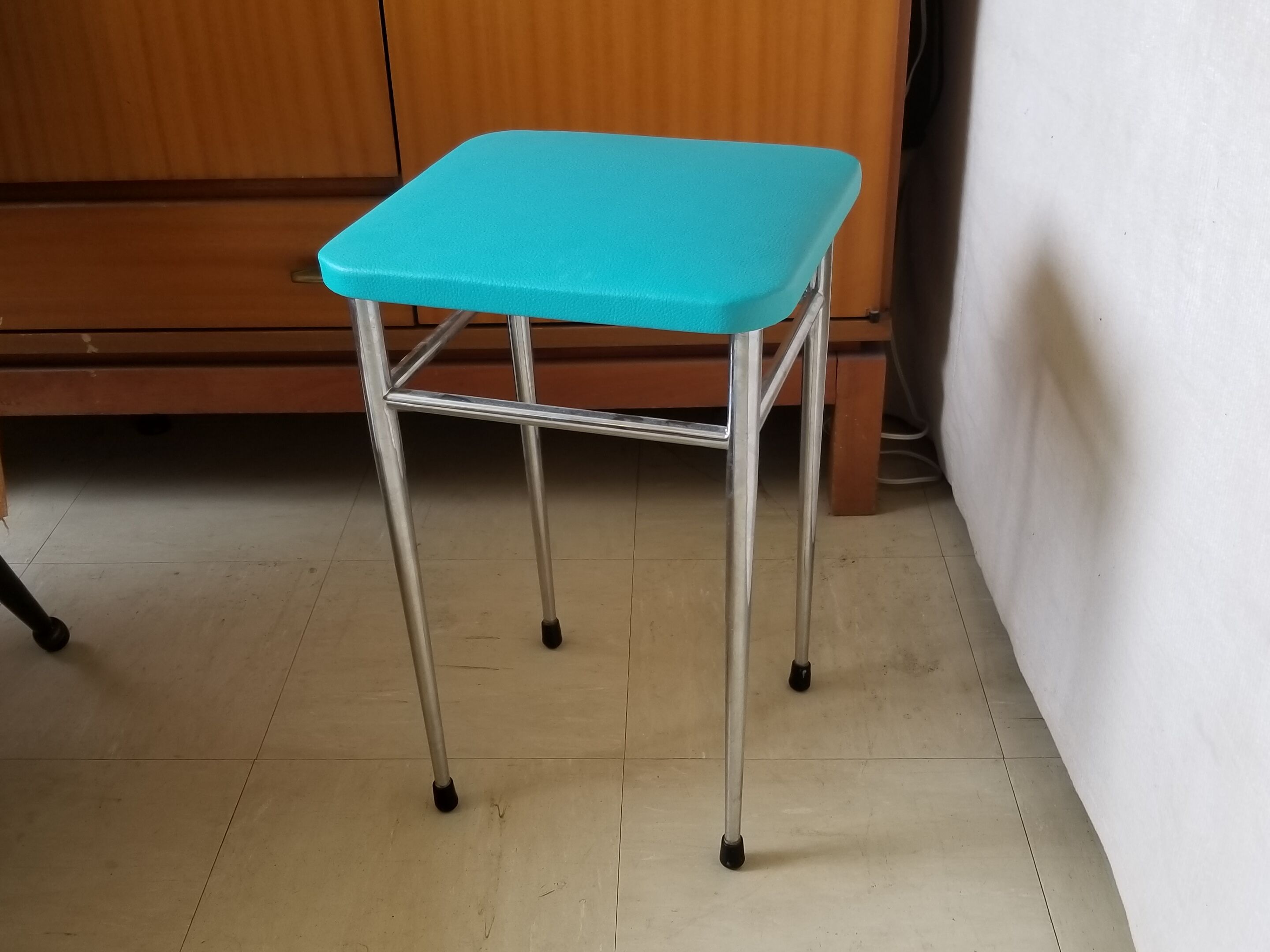 Vintage chromed stool in turquoise blue skai