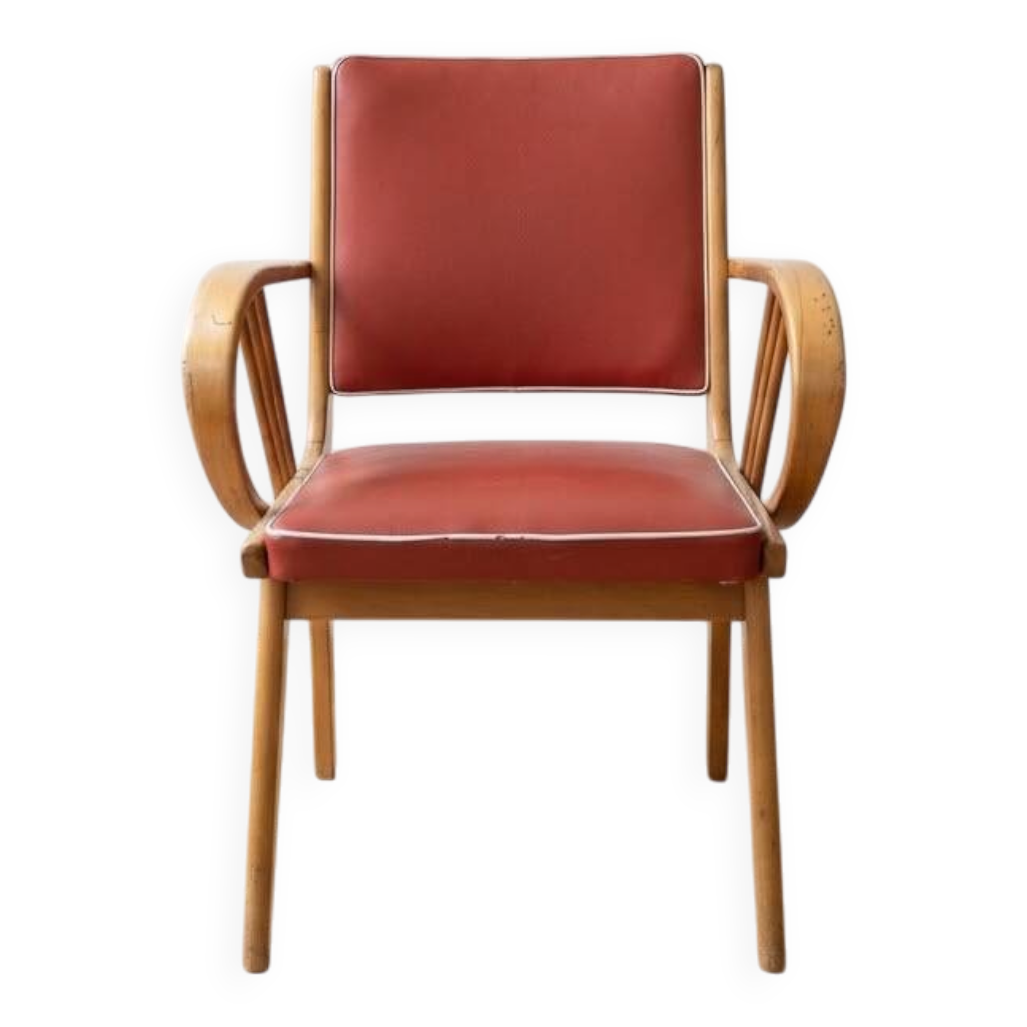 Vintage 1950s armchair in wood and red faux leather.