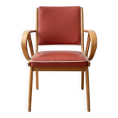 Vintage 1950s armchair in wood and red faux leather.