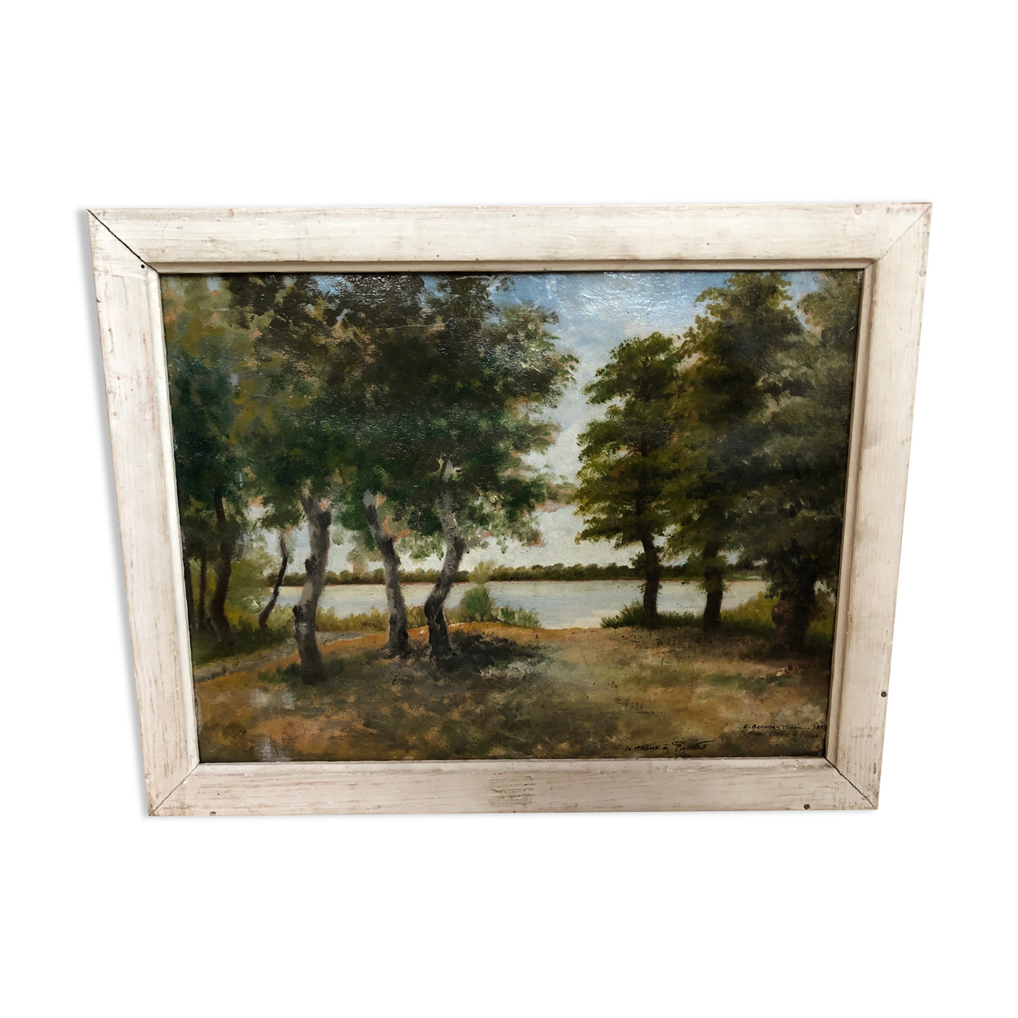 Old oil painting Savior Bernay Theric 1895 the Rhône with vintage wooden frame
