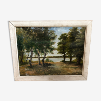 Ancien tableau huile sauveur bernay theric 1895 le rhône avec cadre bois vintage