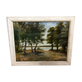 Ancien tableau huile sauveur bernay theric 1895 le rhône avec cadre bois vintage
