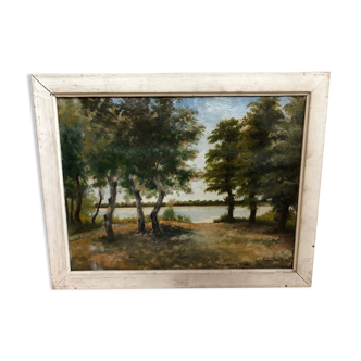 Ancien tableau huile sauveur bernay theric 1895 le rhône avec cadre bois vintage