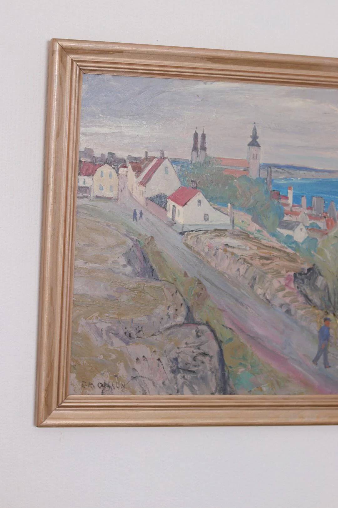 Original Swedish Oil on Panel – “Village Scene II” by E. R. Olsson – Signed