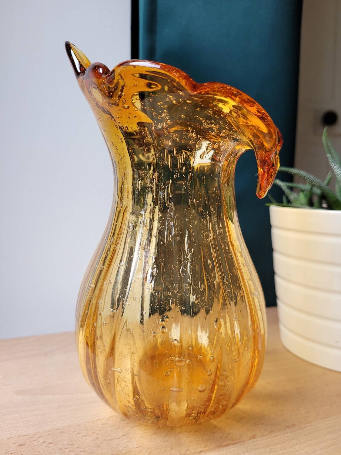 Orange bubbled glass vase