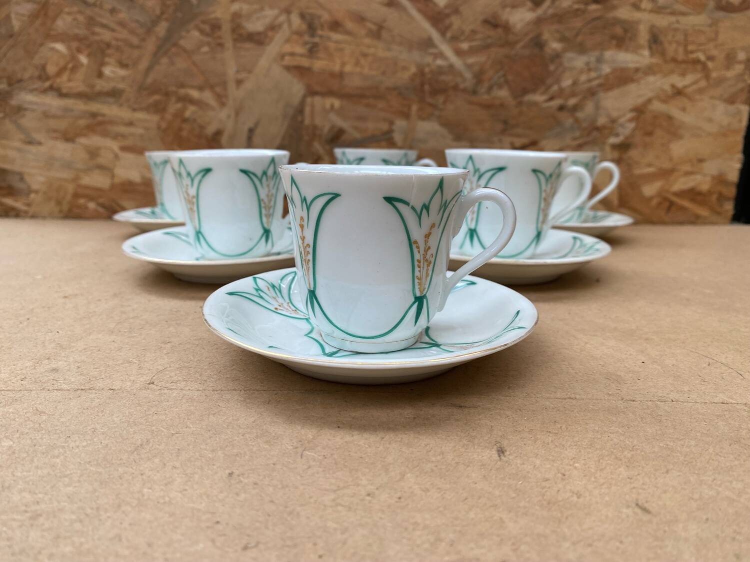 Set of 6 antique white ceramic mugs vintage green leaf decor